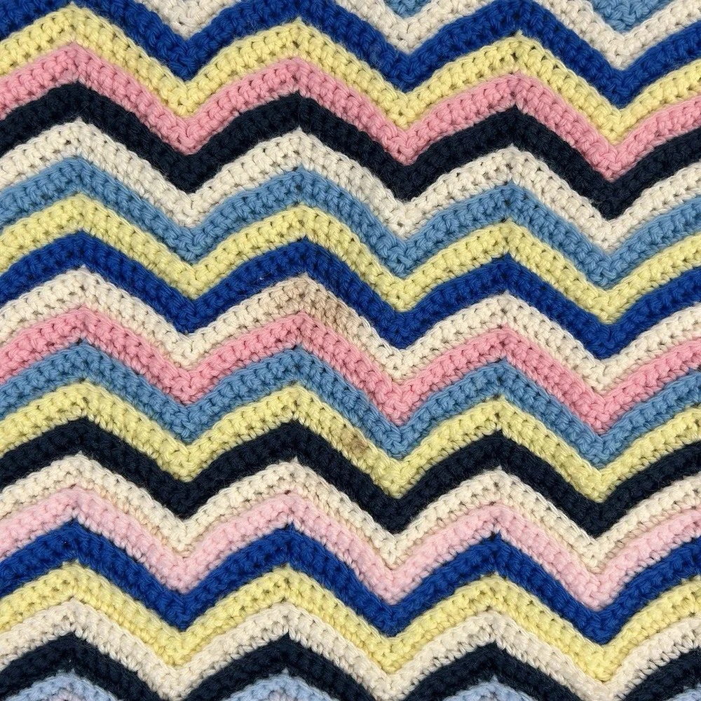 VTG Crocheted ‎ 70's Chevron Afghan Throw Blanket Blue Pink & Yellow 56